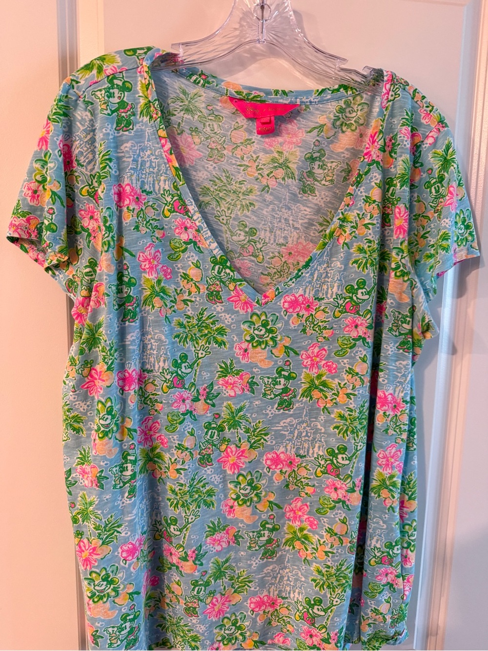 DISNEY Lilly Pulitzer Etta Blue V-Neck Tee with Pink & Green Floral Print